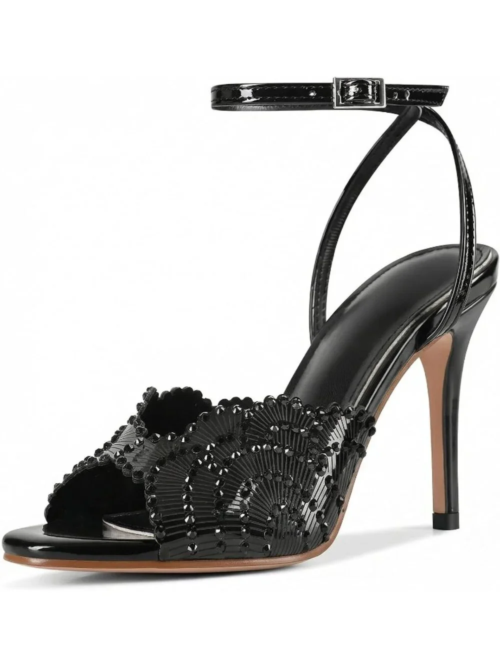 Women's Black Rhinestone High Heel Sandals Round Open Toe Sparkly High Heels